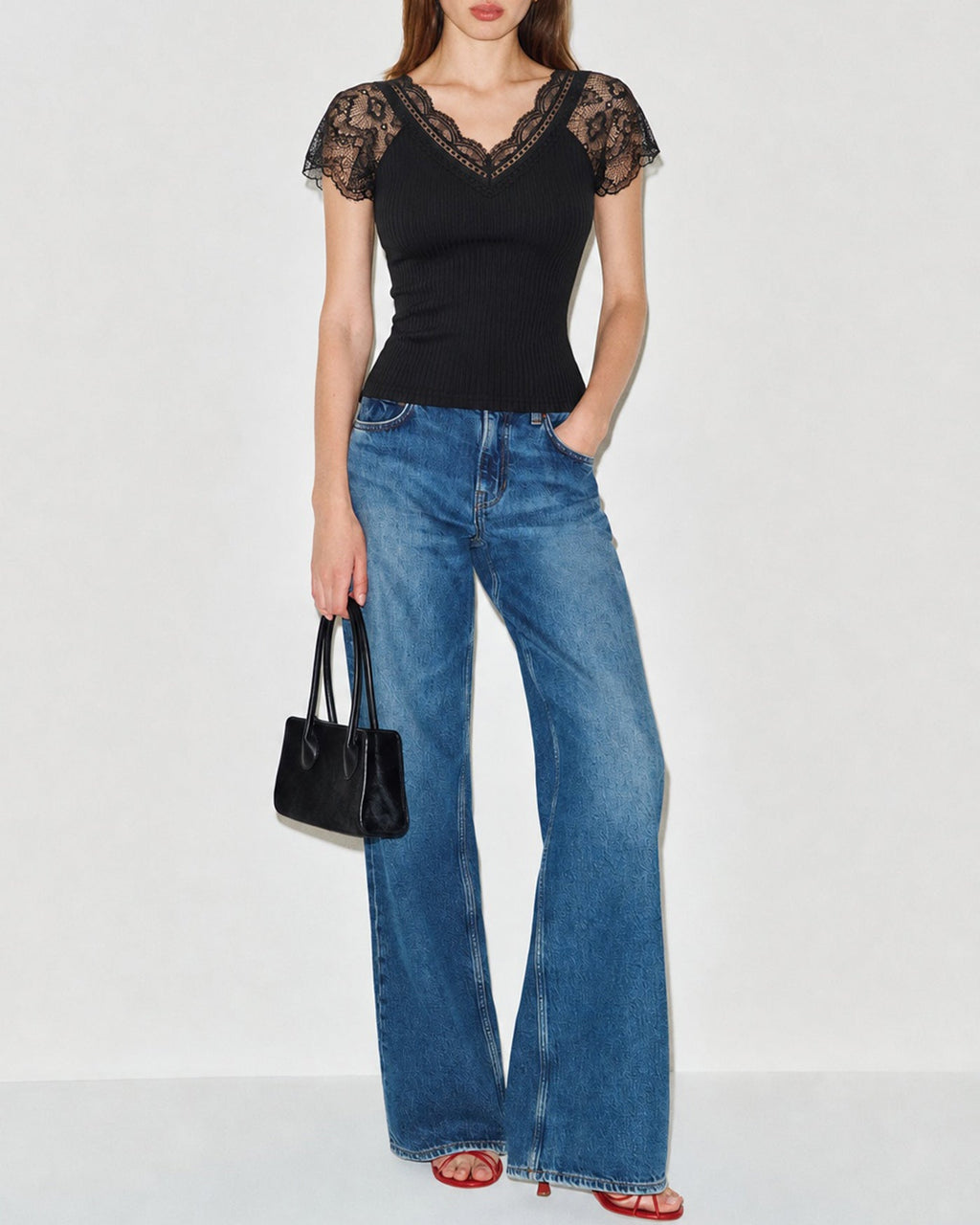 Black V-Neck Tee with Lace Detail