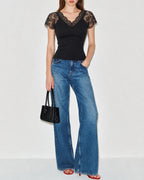 Black V-Neck Tee with Lace Detail