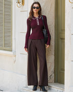 Wine Red Slim Fit Knit Tee with Contrast Details