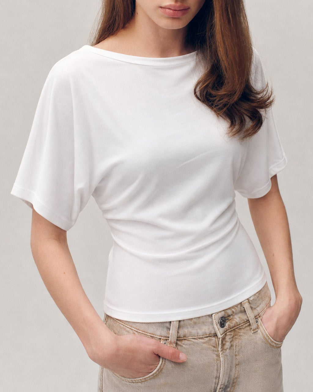 White Solid Knit Boat Neck T-Shirt