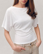 White Solid Knit Boat Neck T-Shirt