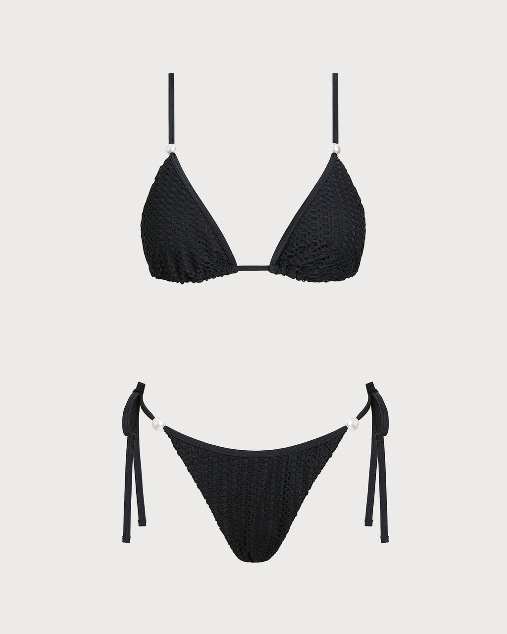 Textured Black V-Neck Bikini Set with Drawstring