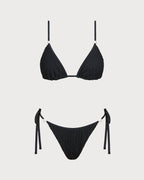 Textured Black V-Neck Bikini Set with Drawstring