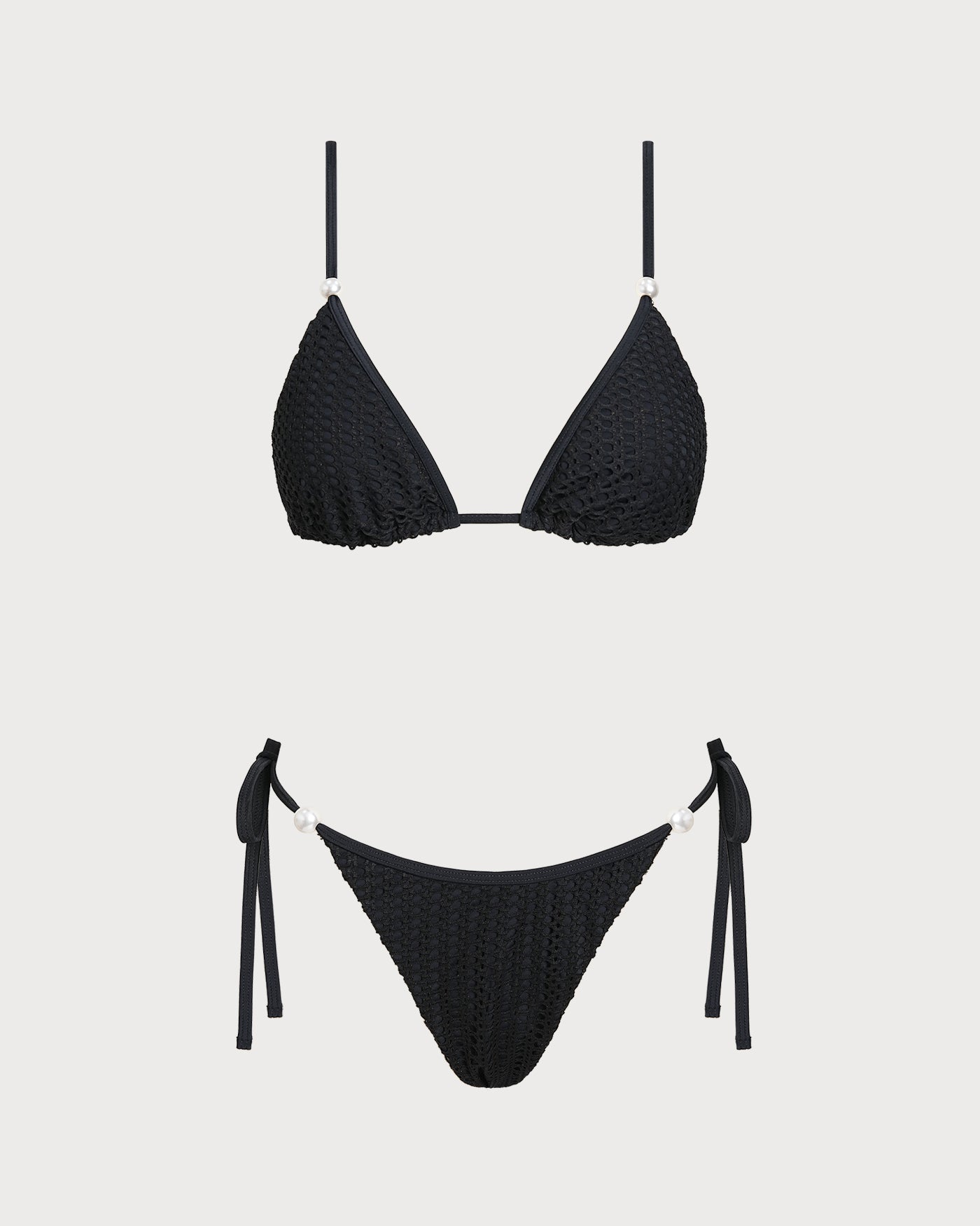 Textured Black V-Neck Bikini Set with Drawstring