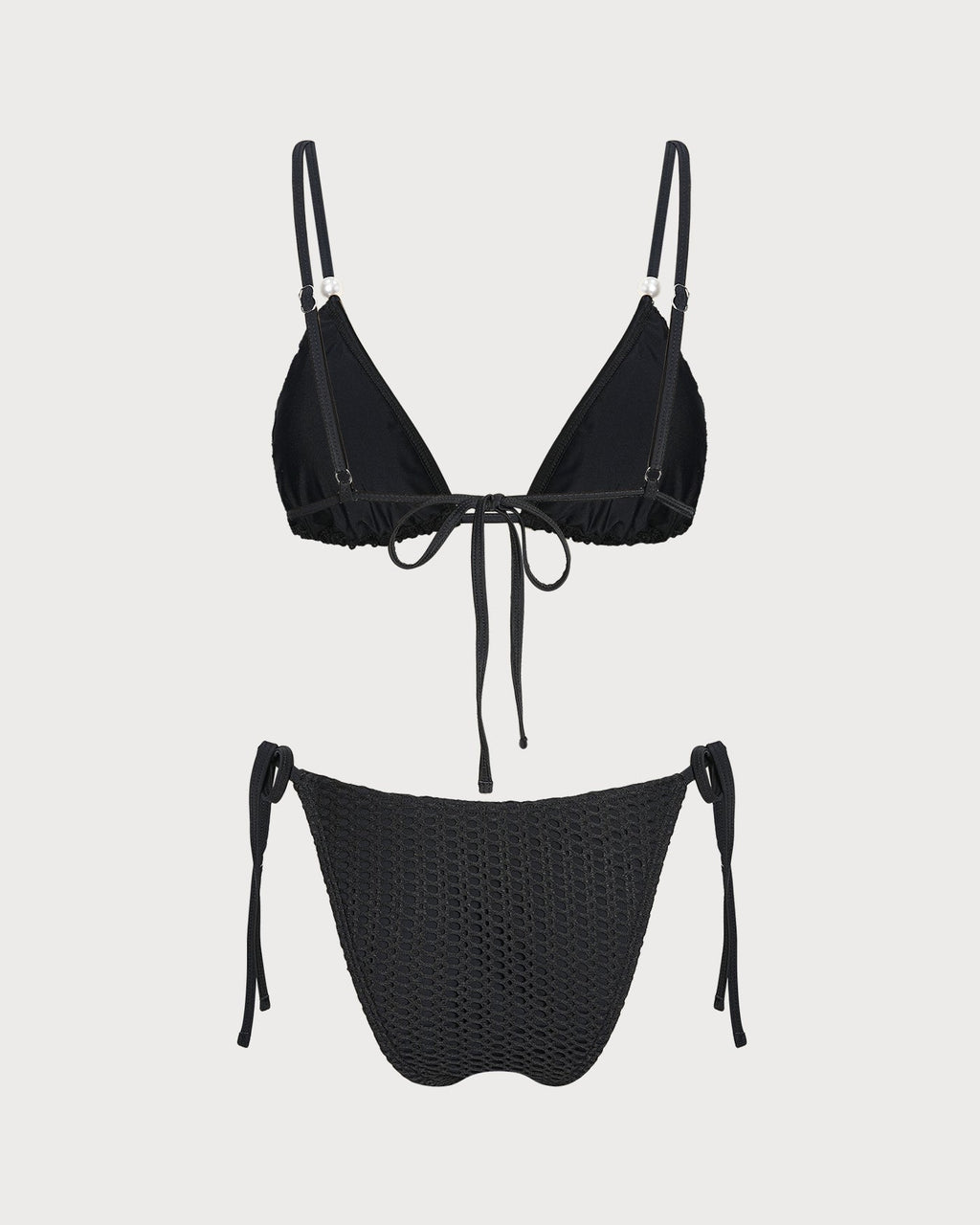 Textured Black V-Neck Bikini Set with Drawstring