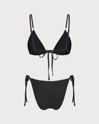 Textured Black V-Neck Bikini Set with Drawstring