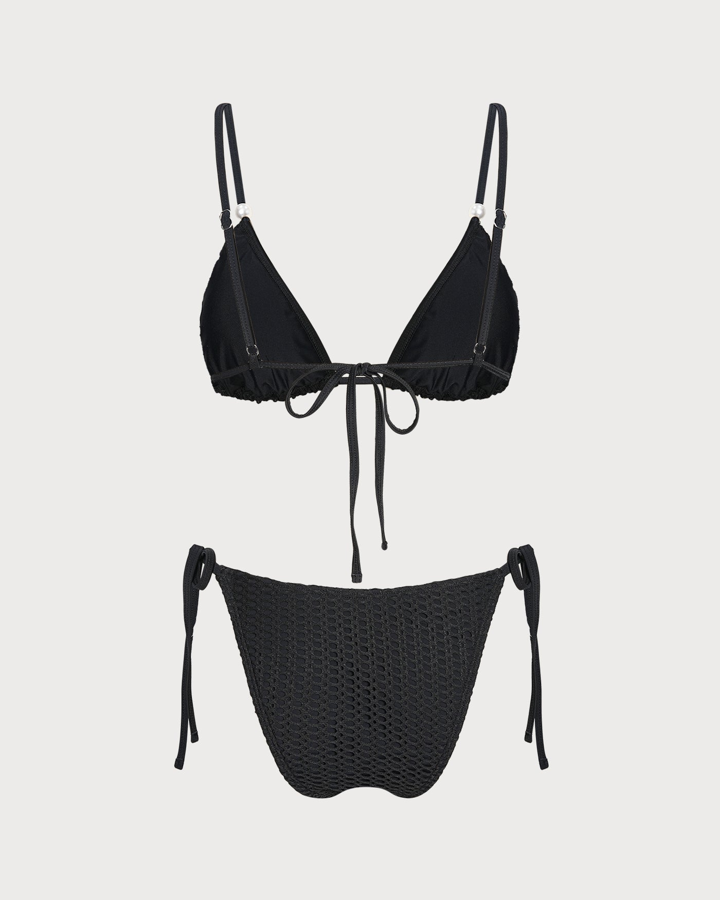 Textured Black V-Neck Bikini Set with Drawstring