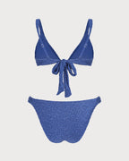 Textured Triangle Bikini Set in Blue with V-Neck Design