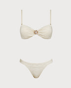 Off-White Drawstring Bandeau Bikini Ensemble
