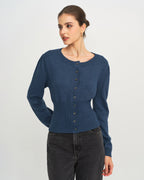 Blue Slim-Fit Round Neck Knit Cardigan