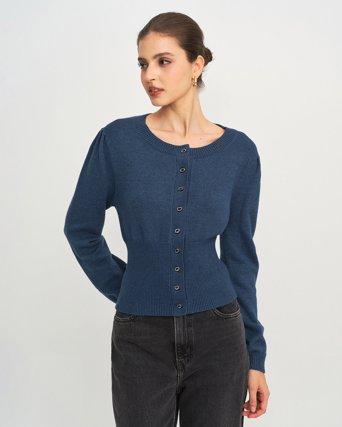 Blue Slim-Fit Round Neck Knit Cardigan