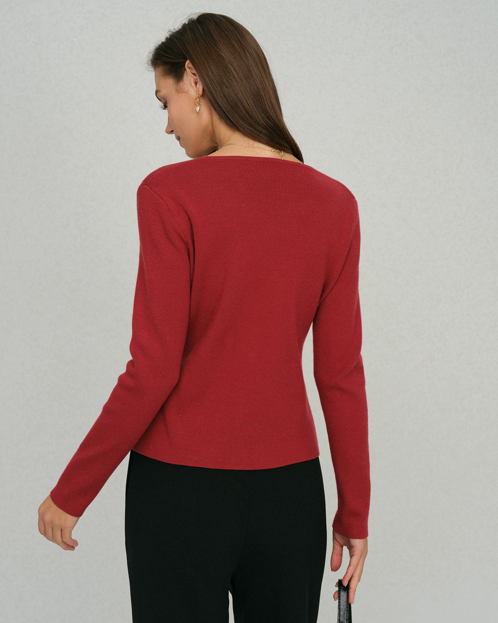 Red Square Neck Cardigan with Single Breasted Design