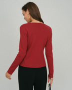 Red Square Neck Cardigan with Single Breasted Design