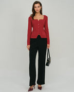Red Square Neck Cardigan with Single Breasted Design