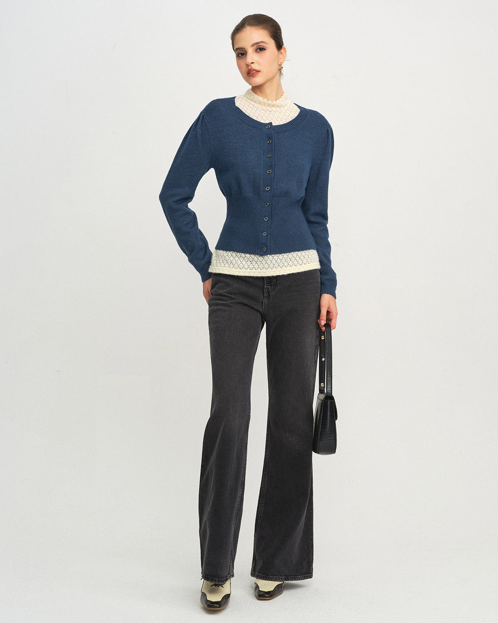 Blue Slim-Fit Round Neck Knit Cardigan