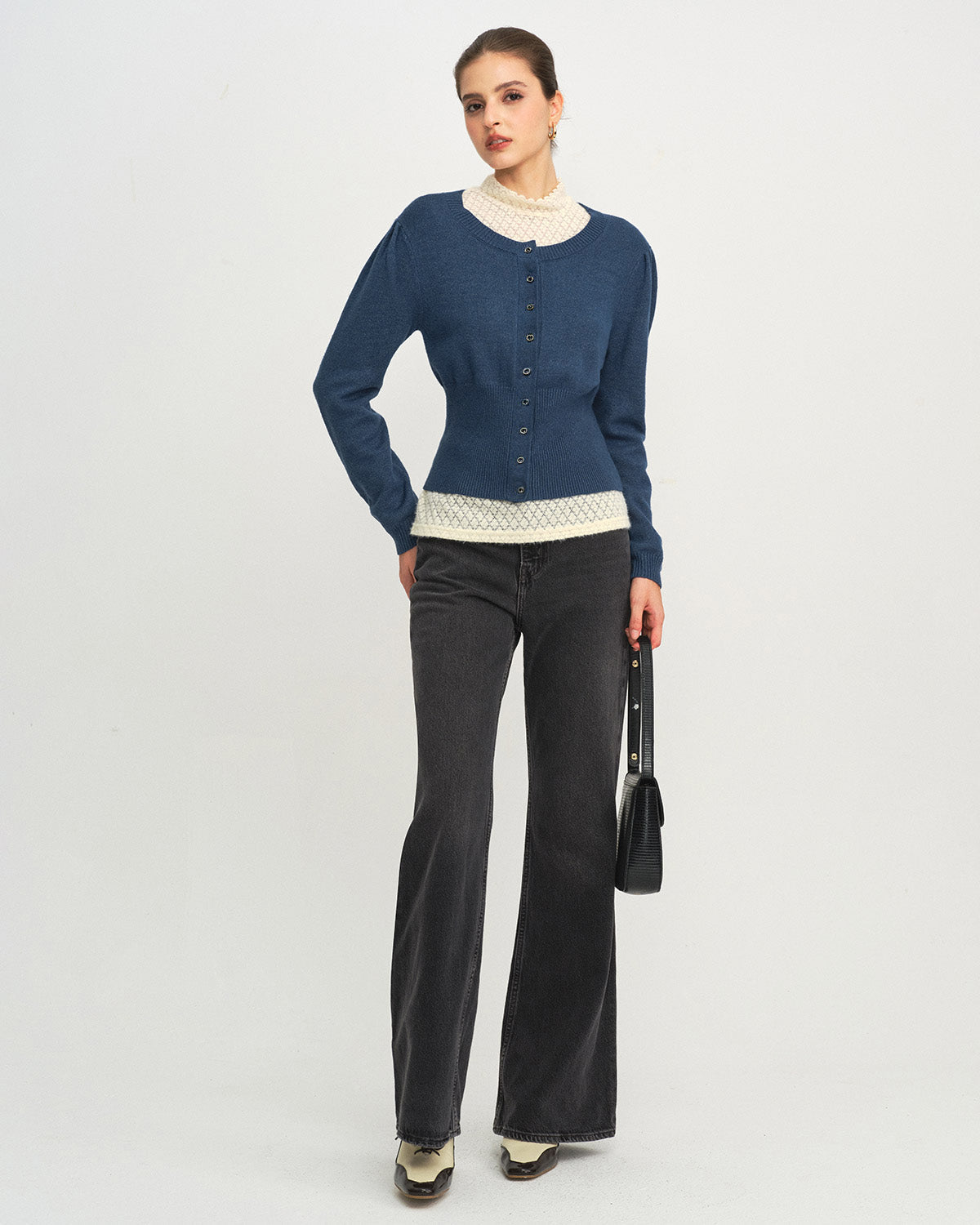 Blue Slim-Fit Round Neck Knit Cardigan