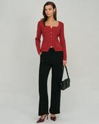 Red Square Neck Cardigan with Single Breasted Design