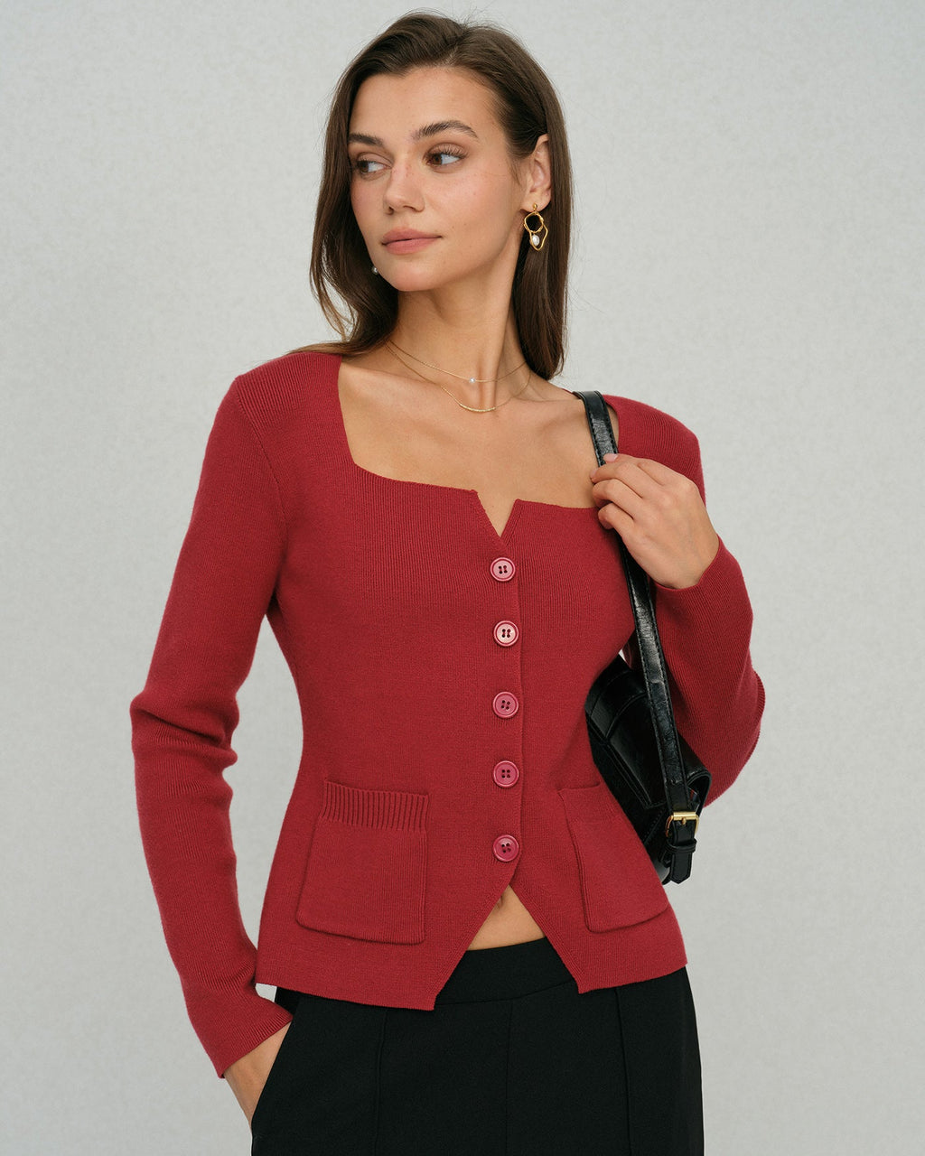 Red Square Neck Cardigan with Single Breasted Design