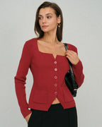 Red Square Neck Cardigan with Single Breasted Design