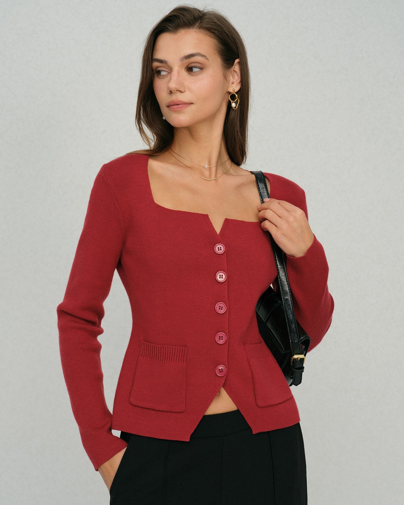 Red Square Neck Cardigan with Single Breasted Design
