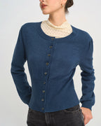 Blue Slim-Fit Round Neck Knit Cardigan
