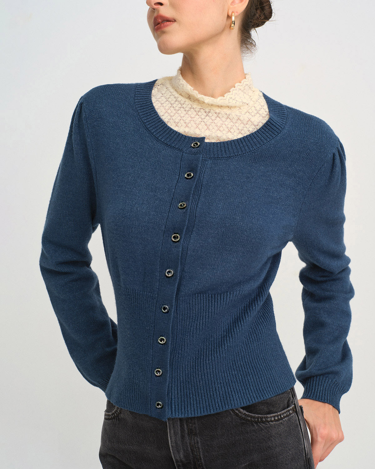 Blue Slim-Fit Round Neck Knit Cardigan