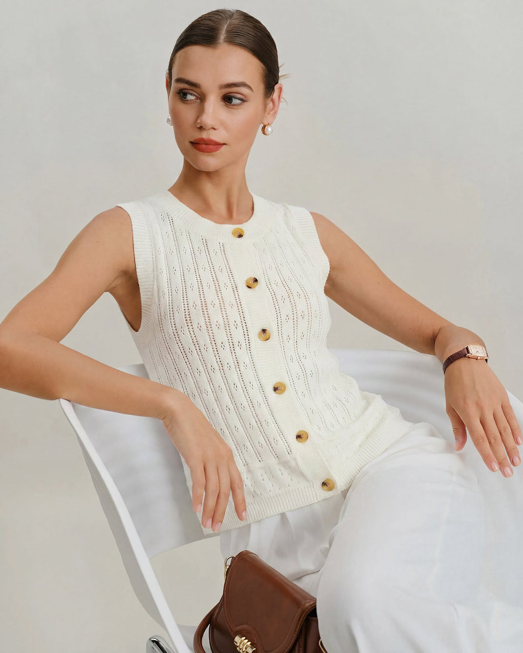 White Knit Cardigan with Single Breasted Design