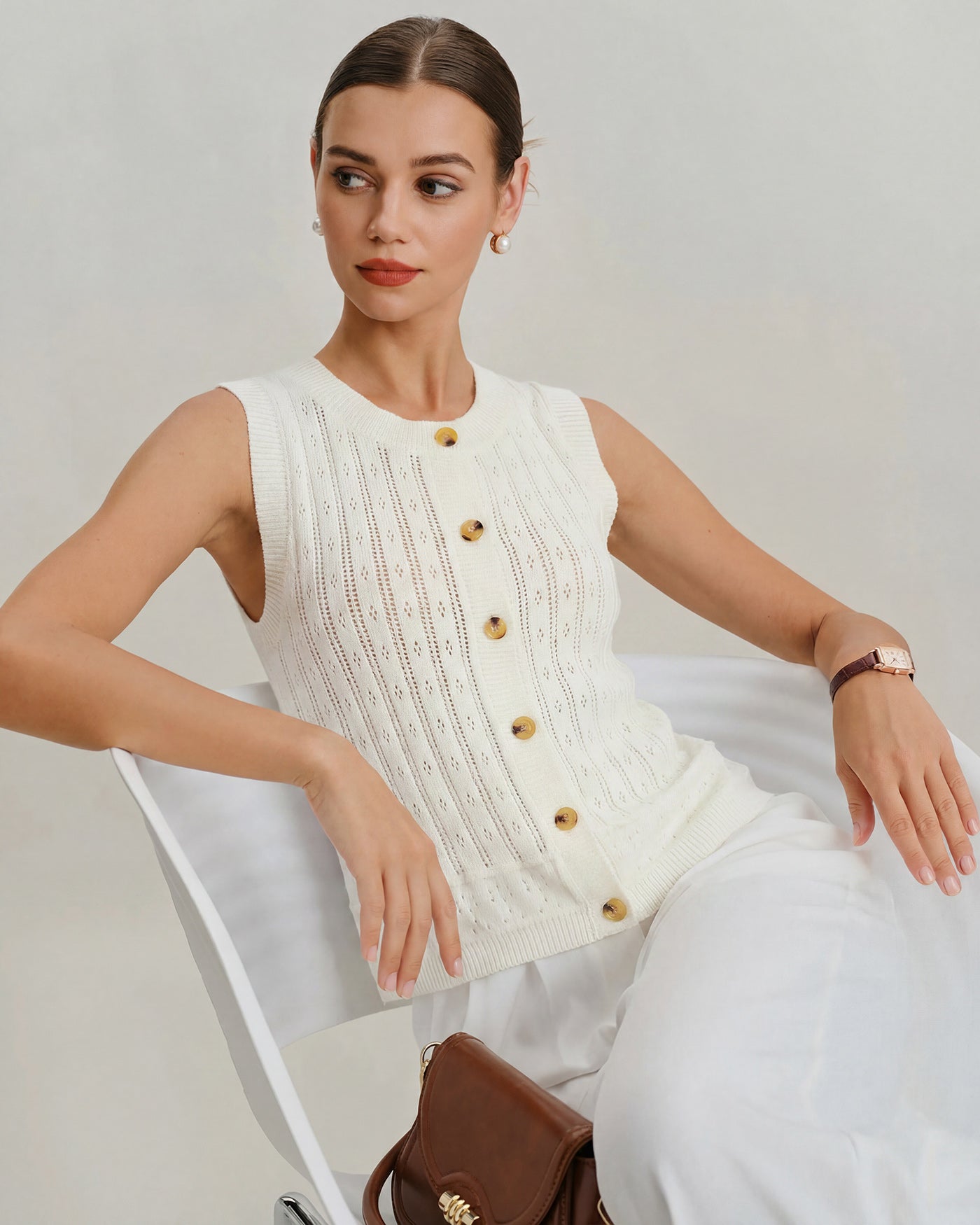 White Knit Cardigan with Single Breasted Design