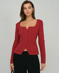 Red Square Neck Cardigan with Single Breasted Design