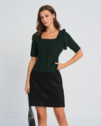 Green Knit Cardigan with Square Neck and Bowknot Detail