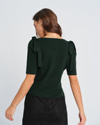 Green Knit Cardigan with Square Neck and Bowknot Detail