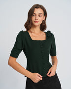 Green Knit Cardigan with Square Neck and Bowknot Detail