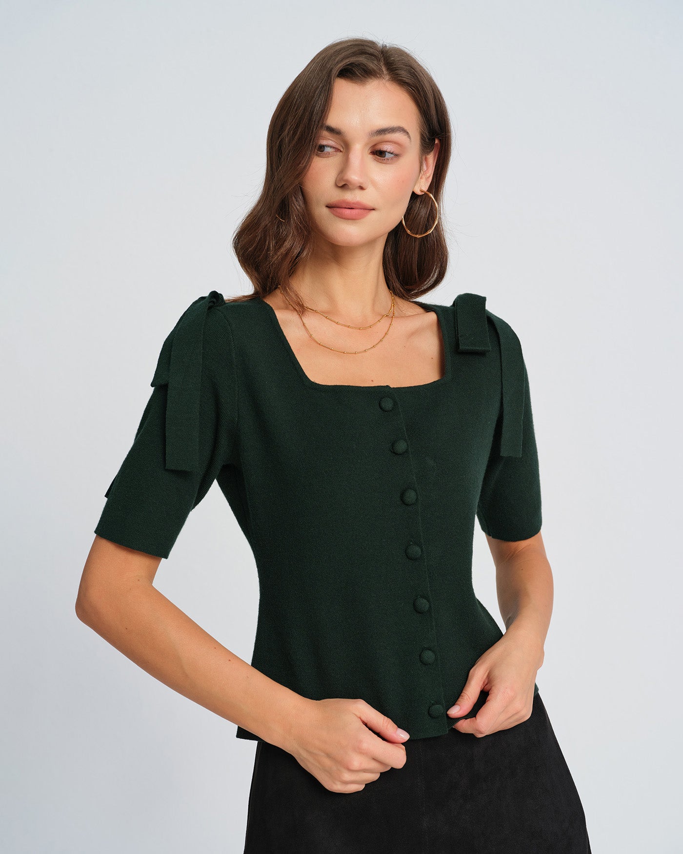 Green Knit Cardigan with Square Neck and Bowknot Detail