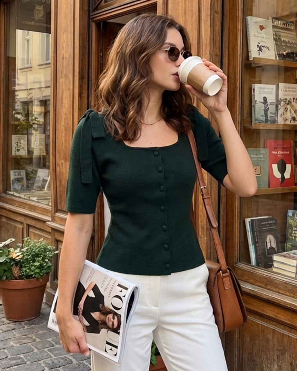 Green Knit Cardigan with Square Neck and Bowknot Detail