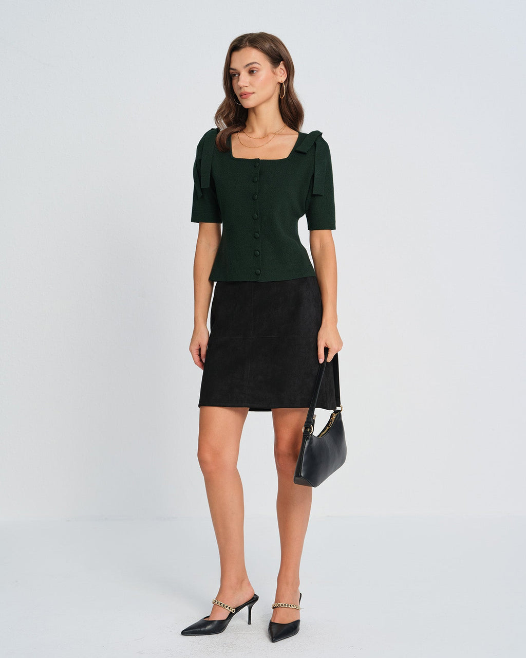 Green Knit Cardigan with Square Neck and Bowknot Detail