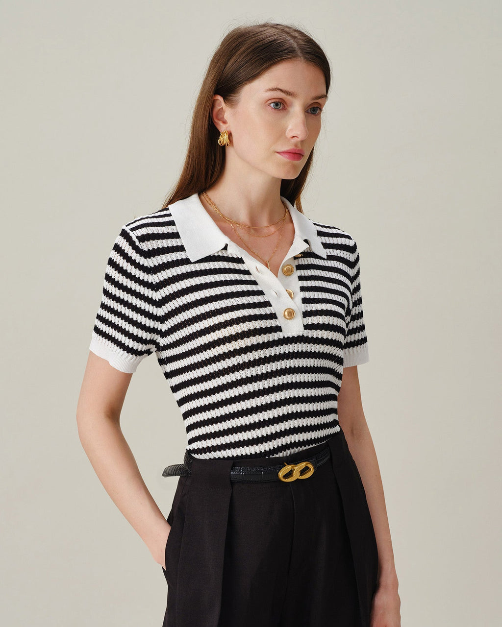 Striped Knit Cardigan with Black Collar