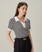 Striped Knit Cardigan with Black Collar