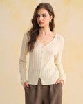 Beige V-Neck Slim-Fit Knit Cardigan
