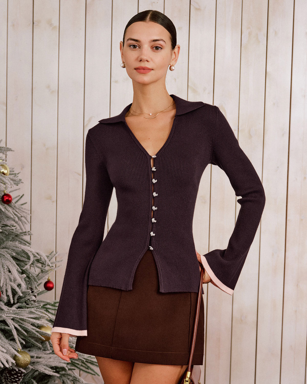 Purple Knit Cardigan with Contrasting Bell Sleeves
