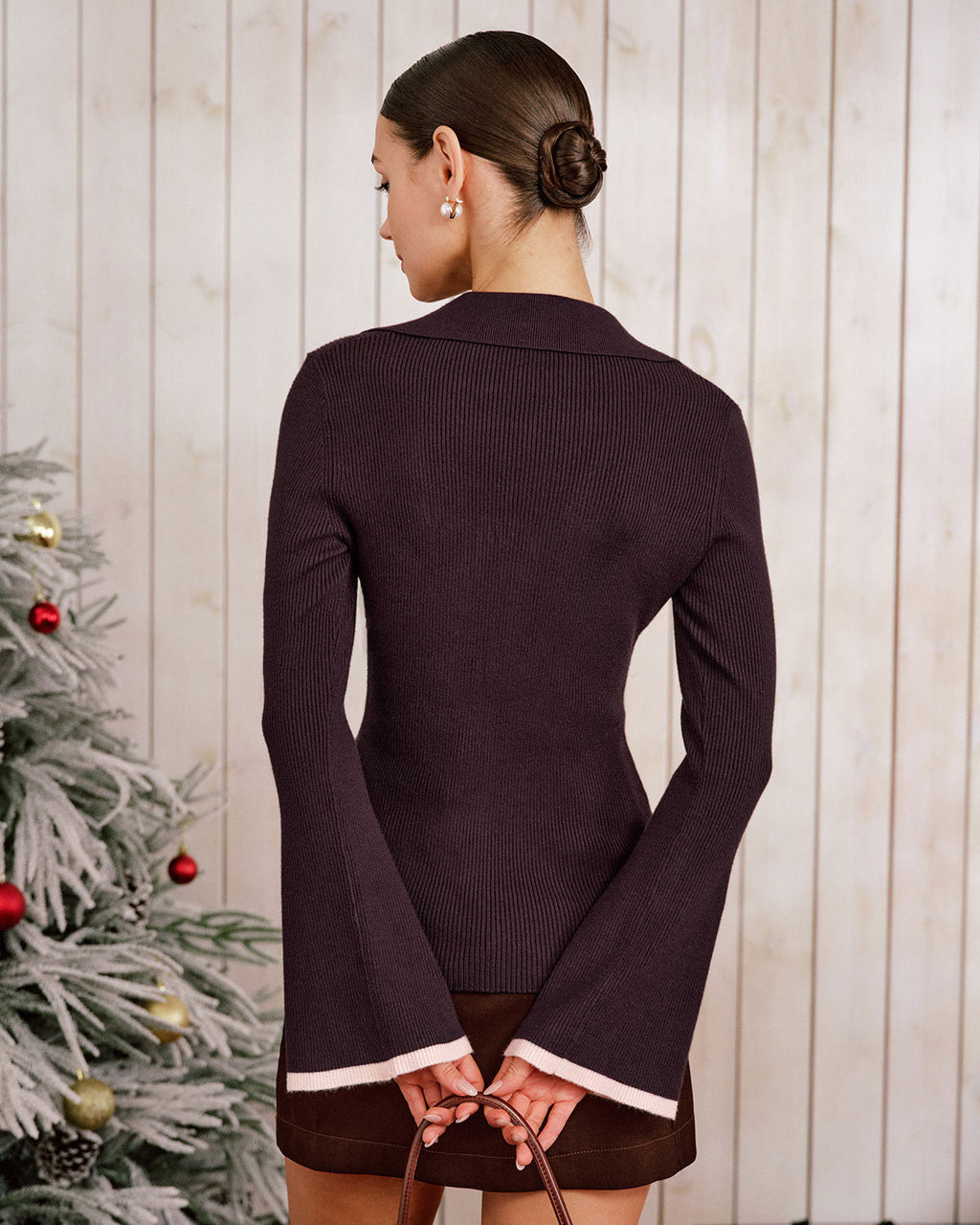 Purple Knit Cardigan with Contrasting Bell Sleeves