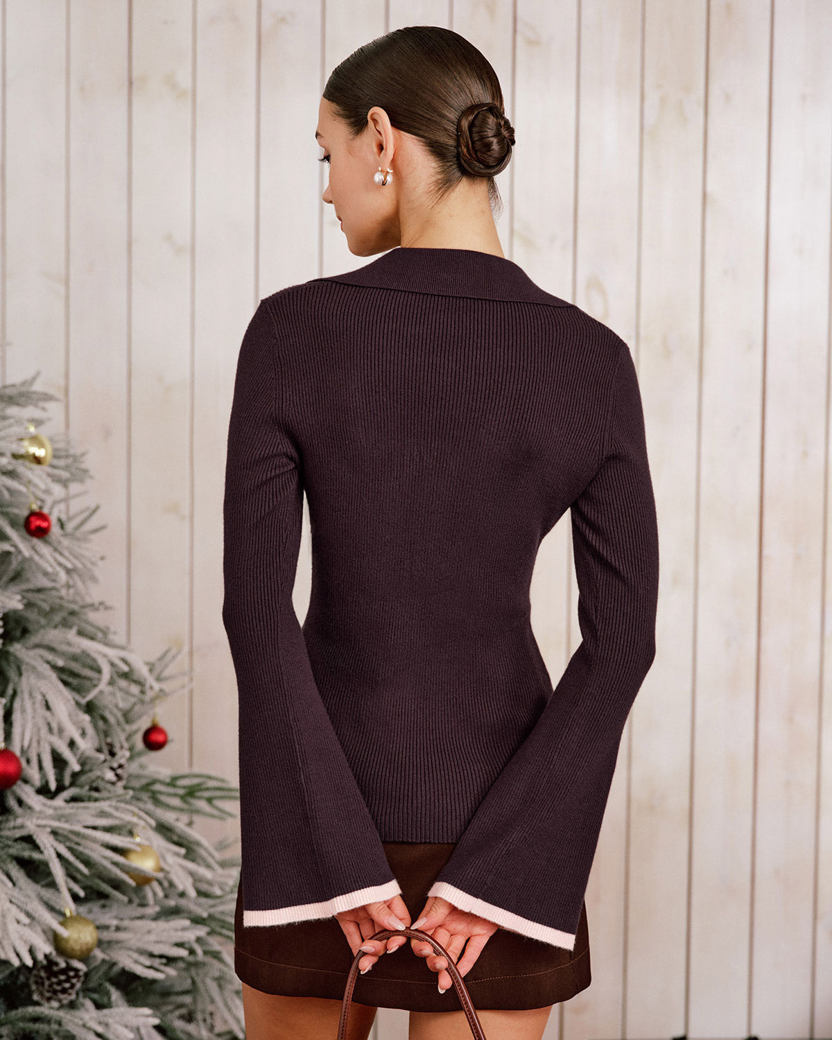 Purple Knit Cardigan with Contrasting Bell Sleeves
