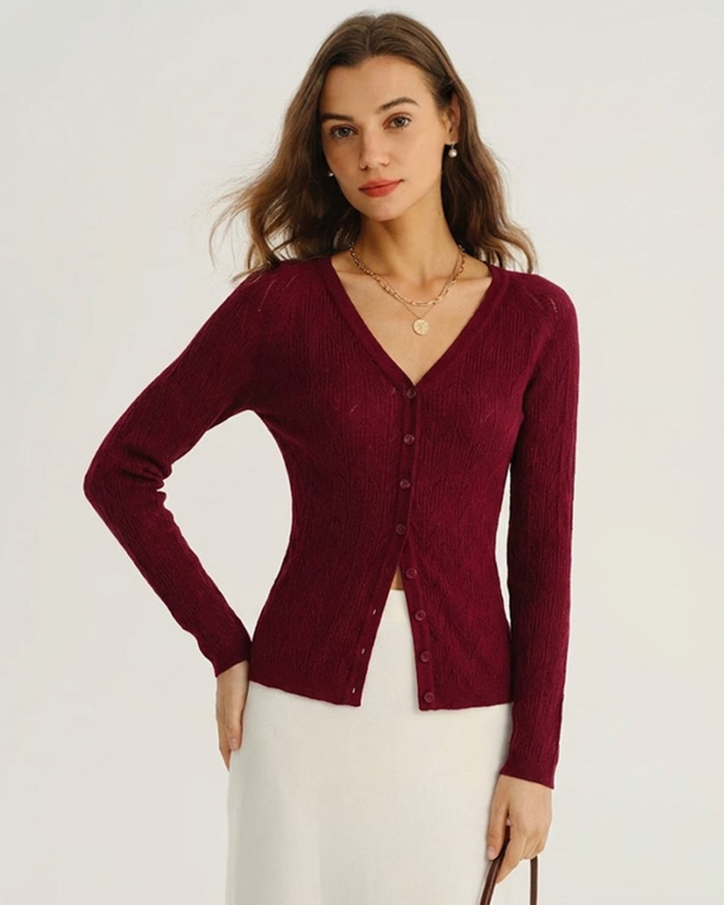 V-Neck Viscose Knit Cardigan in Wine Red