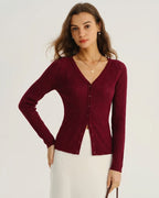V-Neck Viscose Knit Cardigan in Wine Red