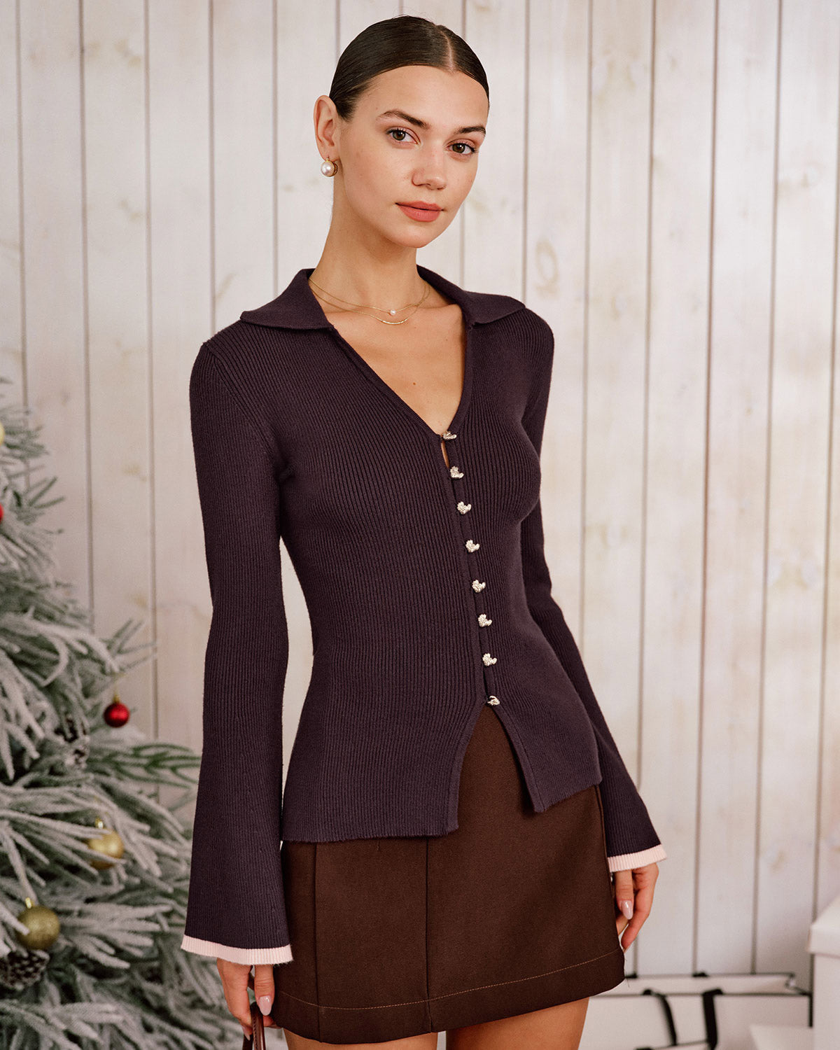 Purple Knit Cardigan with Contrasting Bell Sleeves