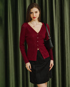 V-Neck Viscose Knit Cardigan in Wine Red