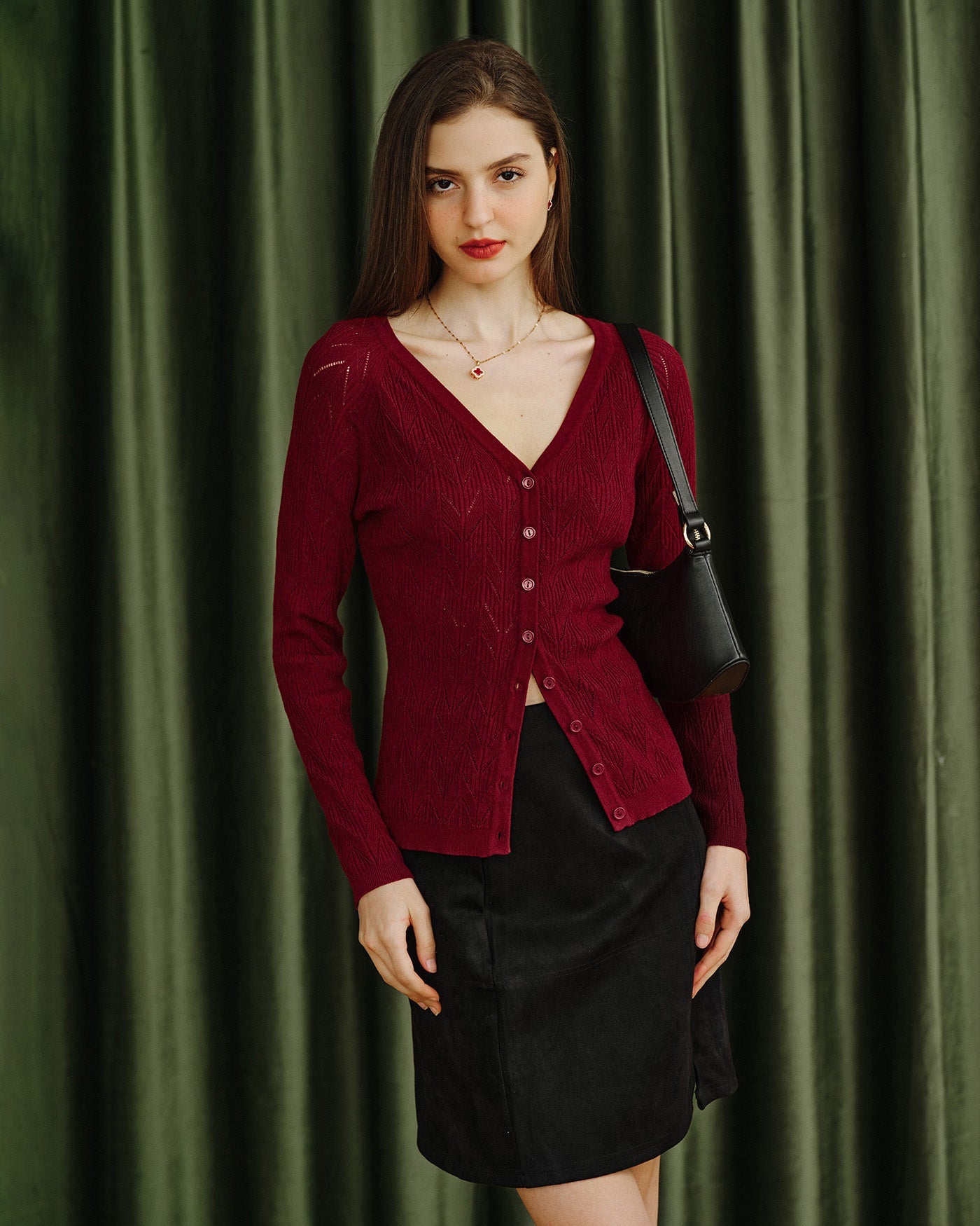 V-Neck Viscose Knit Cardigan in Wine Red