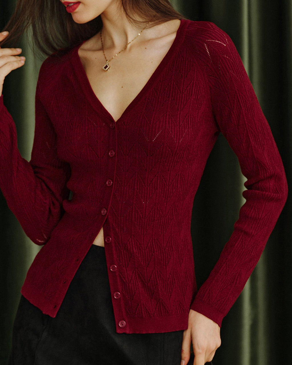 V-Neck Viscose Knit Cardigan in Wine Red
