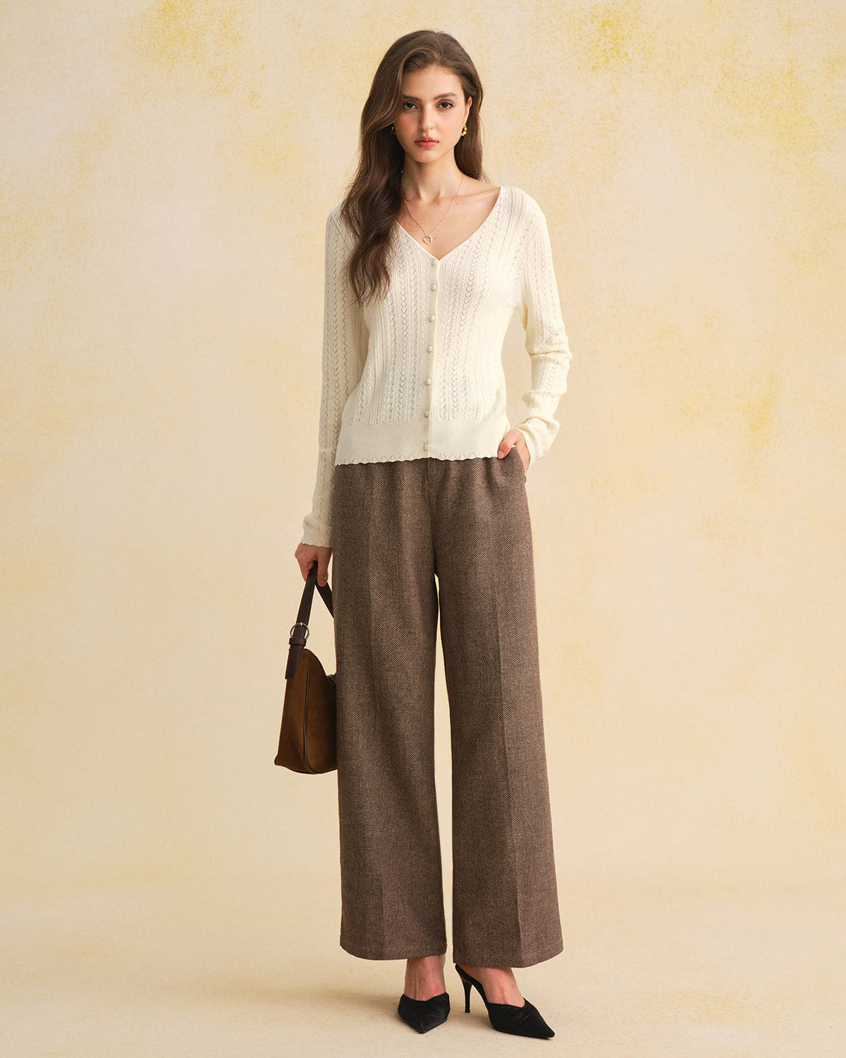 Beige V-Neck Slim-Fit Knit Cardigan