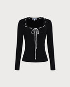 Black Viscose Knit Top with Square Neck
