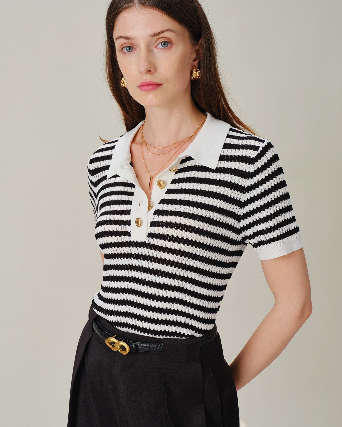 Striped Knit Cardigan with Black Collar